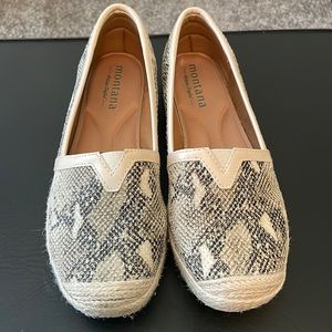 Montana, snakeskin print slip on shoes, size 8